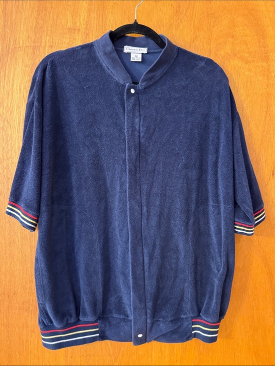 Dior Other - Christian Dior Navy Terry Short-Sleeve Zip-Up Sweater Jacket with Striped Trim